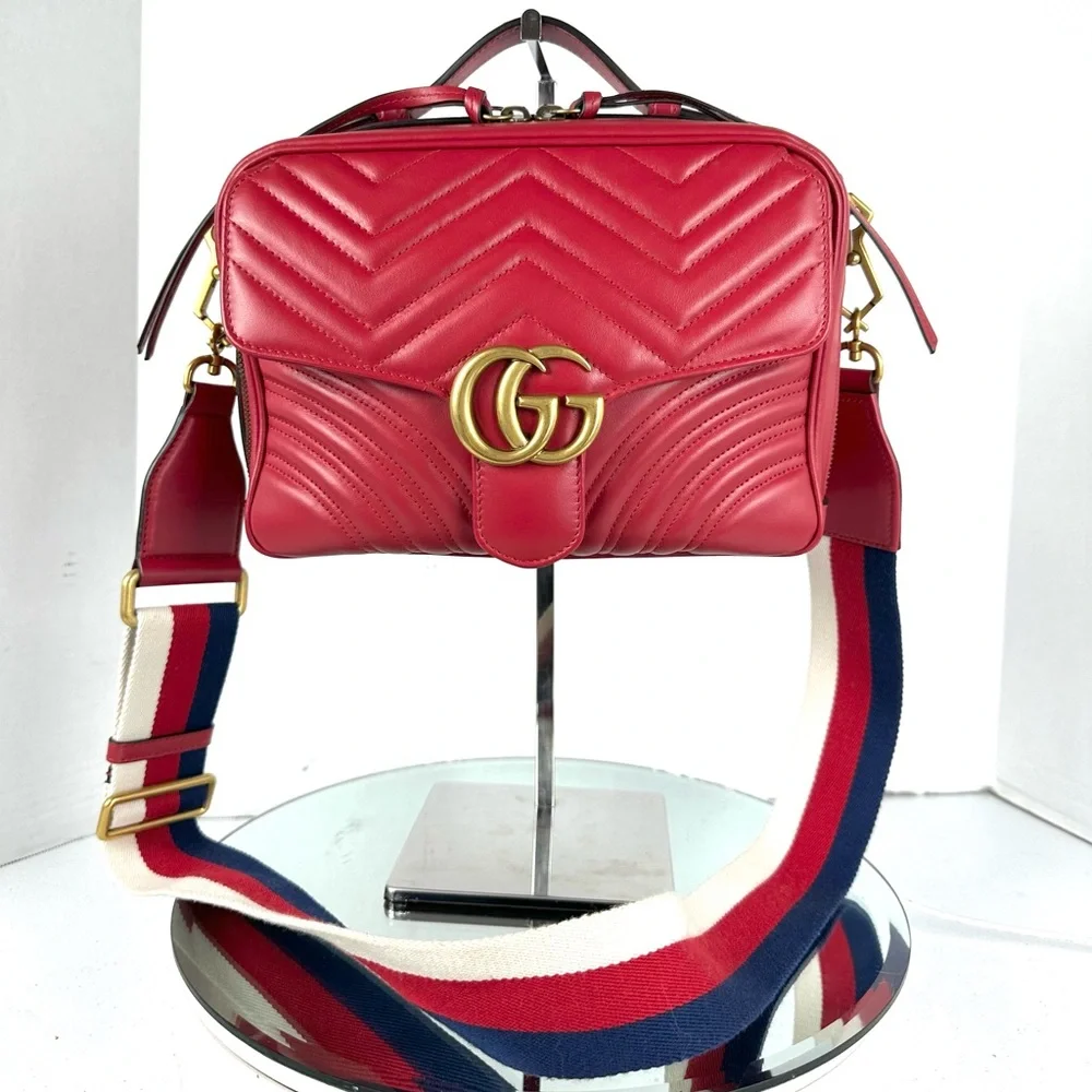 Gucci Red Quilted GG Marmont Crossbody Bag,  Leather And Guitar Straps